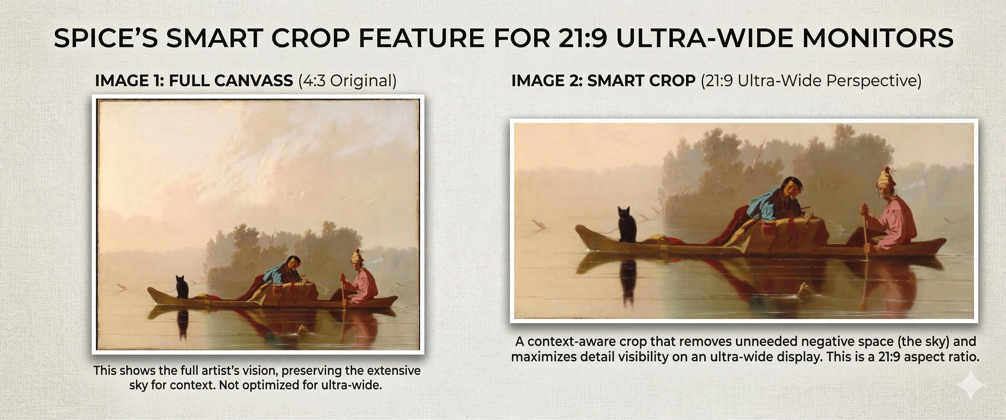 Smart Crop comparison: Full canvas 4:3 original vs Smart Crop 21:9 ultrawide perspective